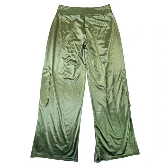 Rainbow Women's Olive Green Satin Cargo Pants Wide Leg Size L 28 - Picture 2 of 8